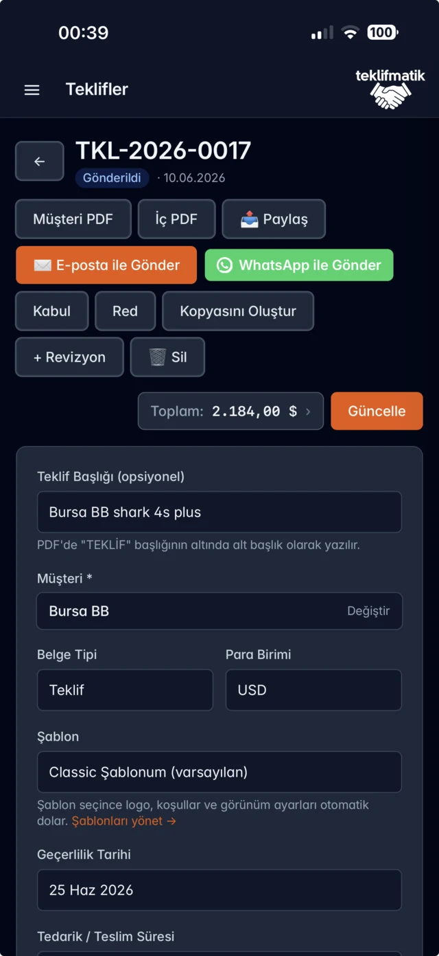 iOS uygulaması — teklif detayı ve paylaşım